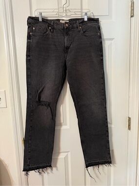 Free People Men's Black Slim Straight Jeans with Distressed Knee